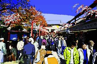 illustration,material,free,landscape,picture,painting,color pencil,crayon,drawing,The turnout of shops lining a passageway, tourist, Senso-ji Temple, Asakusa, New Year holidays decoration