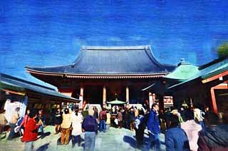 Illust, materieel, vrij, landschap, schilderstuk, schilderstuk, kleuren potlood, crayon, werkje,De Senso-ji Tempel belangrijkste hal van een Boeddhist tempel, Bezoekende touristenplaats stip, Senso-ji Tempel, Asakusa, Lantaarn