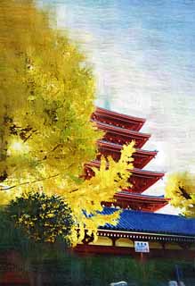 Illust, materieel, vrij, landschap, schilderstuk, schilderstuk, kleuren potlood, crayon, werkje,Senso-ji Temple Five Storeyed Pagoda, Chaitya, Senso-ji Tempel, Asakusa, Ik word in rood geschilderd