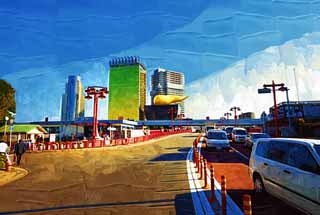 illust, material, livram, paisagem, quadro, pintura, lpis de cor, creiom, puxando,Paisagem de Azumabashi, Asakusa, Philippe Starck, estrada asfaltada, carro