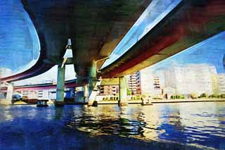 illust, materiale, libero panorama, ritratto dipinto, matita di colore disegna a pastello, disegnando,Il ponte dell'autostrada Metropolitana, ponte, Discesa di Fiume di Sumida, strada pubblica, Traffico