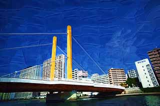 illust, materiale, libero panorama, ritratto dipinto, matita di colore disegna a pastello, disegnando,Ohashi Nuovo, ponte, Discesa di Fiume di Sumida, Un ponte di ferro, Traffico
