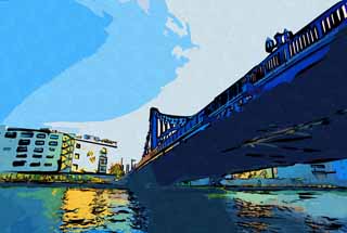 illust, materiell, befreit, Landschaft, Bild, Gemlde, Farbbleistift, Wachsmalstift, Zeichnung,,Kiyosu-Brcke, Brcke, Sumida River-Abstieg, Eine eiserne Brcke, Verkehr