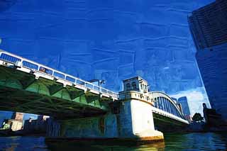 illust, materiell, befreit, Landschaft, Bild, Gemlde, Farbbleistift, Wachsmalstift, Zeichnung,,Ein Ruf der Siegesbrcke, Brcke, Sumida River-Abstieg, Eine eiserne Brcke, Verkehr