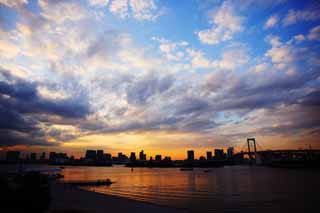 Foto, materieel, vrij, landschap, schilderstuk, bevoorraden foto,Schemering van Odaiba, Brug, Wolk, Dateer koers, Kustlijn nieuw ontwikkelde stad centreren