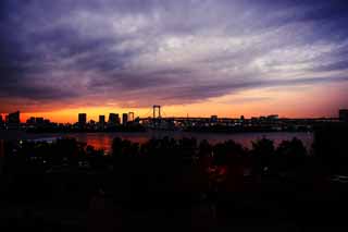 fotografia, material, livra, ajardine, imagine, proveja fotografia,Crepsculo de Odaiba, ponte, nuvem, date curso, litoral desenvolveu centro de cidade recentemente