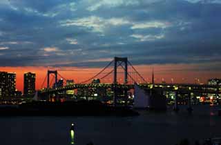 fotografia, materiale, libero il panorama, dipinga, fotografia di scorta,Crepuscolo di Odaiba, ponte, nube, sia insieme corso, la spiaggia svilupp di recente centro urbano