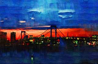 illust, material, livram, paisagem, quadro, pintura, lpis de cor, creiom, puxando,Crepsculo de Odaiba, ponte, nuvem, date curso, litoral desenvolveu centro de cidade recentemente