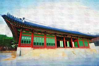 illust, matire, libre, paysage, image, le tableau, crayon de la couleur, colorie, en tirant,Vertu temple Kotobuki Xianning , btiment de palais, Je suis peint en rouge, Vert bleutre, Architecture de la tradition