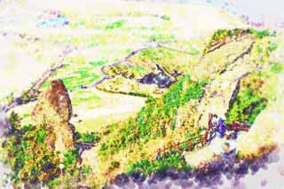 illust, matire, libre, paysage, image, le tableau, crayon de la couleur, colorie, en tirant,Shiroyama Hiji sommet, ilchulbong du seongsan, Cliff, le volcanique, tache de la beaut