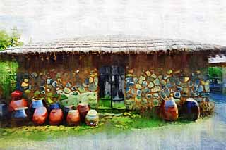 illust, materiale, libero panorama, ritratto dipinto, matita di colore disegna a pastello, disegnando,Villaggio di popolo di citt di castello, Vita, corsa, Architettura di tradizione, Cultura