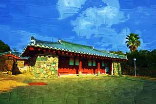 illustration,material,free,landscape,picture,painting,color pencil,crayon,drawing,Castle town folk village prefectural office trace, I am painted in red, government office, Tradition architecture, Culture