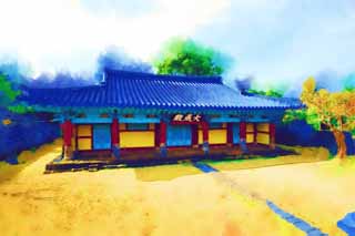 illustration,material,free,landscape,picture,painting,color pencil,crayon,drawing,Castle town folk village prefectural office trace, I am painted in red, government office, Tradition architecture, Culture