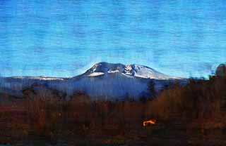 illust, matire, libre, paysage, image, le tableau, crayon de la couleur, colorie, en tirant,Mt. Hanna, le volcanique, Revtement de la neige, ciel bleu, 