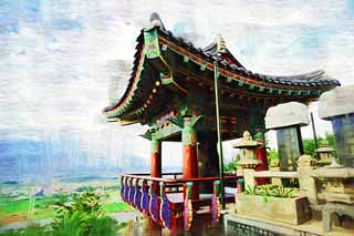 illust, materiale, libero panorama, ritratto dipinto, matita di colore disegna a pastello, disegnando,Tempio di Sanbanggul, montagna rocciosa, Chaitya, torre di campana, cupola lavica