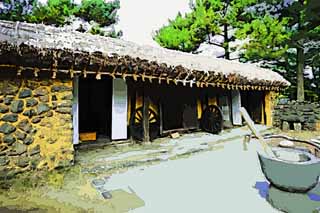 illust, materiell, befreit, Landschaft, Bild, Gemlde, Farbbleistift, Wachsmalstift, Zeichnung,,Eine koreanische Tradition privates Haus, Haus, Tr, privates Haus, Traditionelle Kultur