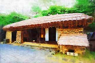 illustration,material,free,landscape,picture,painting,color pencil,crayon,drawing,A Korean tradition private house, house, door, private house, Traditional culture