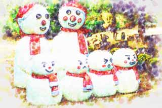 illust, material, livram, paisagem, quadro, pintura, lpis de cor, creiom, puxando,Uma famlia de bonecos de neve, boneco de neve, bonecos de neve, Coria, Natal