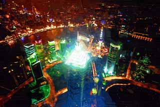 Illust, materieel, vrij, landschap, schilderstuk, schilderstuk, kleuren potlood, crayon, werkje,Een avond uitzicht van Sjanghai, Sjanghai, Wereld Financial Center, Observatory, Avond