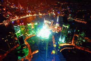 Illust, materieel, vrij, landschap, schilderstuk, schilderstuk, kleuren potlood, crayon, werkje,Een avond uitzicht van Sjanghai, Sjanghai, Wereld Financial Center, Observatory, Avond