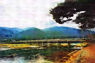 illust, materiale, libero panorama, ritratto dipinto, matita di colore disegna a pastello, disegnando,Togetsu-kyo fa un ponte su, Keisen, ponte, fiume, raggio che sostiene