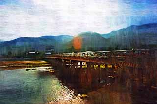 illust, materiell, befreit, Landschaft, Bild, Gemlde, Farbbleistift, Wachsmalstift, Zeichnung,,Togetsu-kyo-Brcke, Keisen, Brcke, Fluss, das Untersttzen von Balken