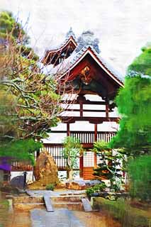 illust, materiell, befreit, Landschaft, Bild, Gemlde, Farbbleistift, Wachsmalstift, Zeichnung,,Tenryu-ji Jisai-in, Ziegel, weie Mauer, Chaitya, Dach