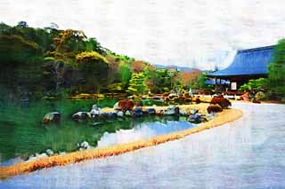 illust, materiell, befreit, Landschaft, Bild, Gemlde, Farbbleistift, Wachsmalstift, Zeichnung,,Tenryu-ji-Garten, Chaitya, Teich, Welterbe, Sagano