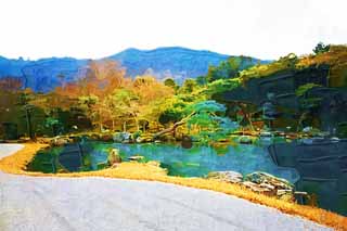 illust,tela,gratis,paisaje,fotografa,idea,pintura,Lpiz de color,dibujo,Jardn de Tenryu - ji, Chaitya, Laguna, Herencia de mundo, Sagano