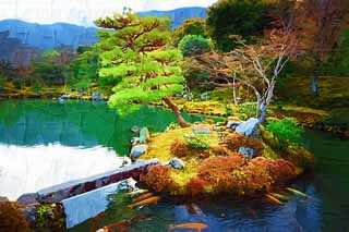 illustration,material,free,landscape,picture,painting,color pencil,crayon,drawing,Tenryu-ji garden, Chaitya, pond, world heritage, Sagano