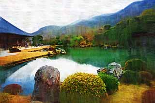 illust,tela,gratis,paisaje,fotografa,idea,pintura,Lpiz de color,dibujo,Jardn de Tenryu - ji, Chaitya, Laguna, Herencia de mundo, Sagano