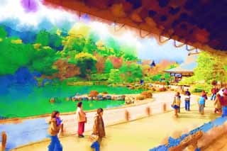 Illust, materieel, vrij, landschap, schilderstuk, schilderstuk, kleuren potlood, crayon, werkje,Tenryu-ji tuinieren, Chaitya, Waterplas, Wereld heritage, Sagano