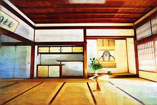 illust, matire, libre, paysage, image, le tableau, crayon de la couleur, colorie, en tirant,Tenryu-ji Ogata longueur, Chaitya, les tatami nattent, patrimoine de l'humanit, Sagano