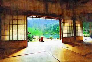 Illust, materieel, vrij, landschap, schilderstuk, schilderstuk, kleuren potlood, crayon, werkje,Tenryu-ji Ogata lengte, Chaitya, Tatami schaakmat, Wereld heritage, Sagano