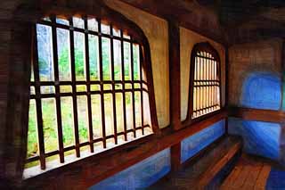 illust, materiell, befreit, Landschaft, Bild, Gemlde, Farbbleistift, Wachsmalstift, Zeichnung,,Tenryu-ji Blume leitende-Fenster, Chaitya, Dachfenster, Welterbe, Sagano