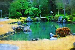 illustration,material,free,landscape,picture,painting,color pencil,crayon,drawing,Tenryu-ji garden, Chaitya, pond, world heritage, Sagano