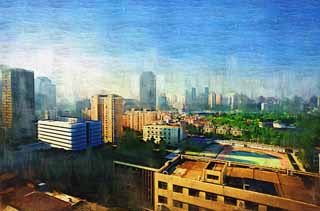 illust, material, livram, paisagem, quadro, pintura, lpis de cor, creiom, puxando,Manh de Shanghai, construindo, O sol matutino, rea residencial, caminho