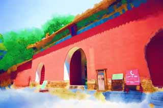 illustration,material,free,landscape,picture,painting,color pencil,crayon,drawing,The Ming Xiaoling Mausoleum Fumitake gate, grave, I am painted in red, The gate, stone pavement