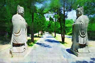 illust, matire, libre, paysage, image, le tableau, crayon de la couleur, colorie, en tirant,Ming Xiaoling Mausole vieux Shintosme de la route de la relation de l'homme, Restes, statue de pierre, Une approche  un temple, patrimoine de l'humanit