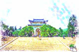 Illust, materieel, vrij, landschap, schilderstuk, schilderstuk, kleuren potlood, crayon, werkje,Chungshan Mausoleum monument, Shingai Revolutie, Mr. grandchild Nakayama, Zijin berg, De Republiek van China vondeling van een land