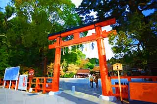 illust, materiell, befreit, Landschaft, Bild, Gemlde, Farbbleistift, Wachsmalstift, Zeichnung,,Zwei Kamigamo Shrine toriis, torii, Schintoistische Strohgirlande, Verhtung von Bsem, Der Kaiser