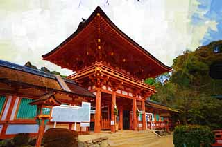 illust, materiell, befreit, Landschaft, Bild, Gemlde, Farbbleistift, Wachsmalstift, Zeichnung,,Kamigamo Shrine-Turm Tor, Ich werde in roten gemalt, Gott, Welterbe, Der Kaiser