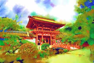 illustration,material,free,landscape,picture,painting,color pencil,crayon,drawing,Kamigamo Shrine tower gate, I am painted in red, God, world heritage, The Emperor