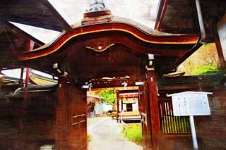 illust, materiell, befreit, Landschaft, Bild, Gemlde, Farbbleistift, Wachsmalstift, Zeichnung,,Shimogamo Shrine Gesellschaftschinesisch-Stil Tor, Malve mon, Hummermessgewand, , Mythos