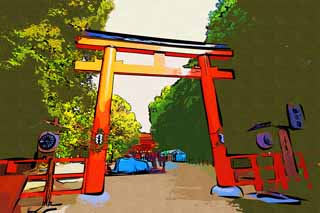 illust,tela,gratis,paisaje,fotografa,idea,pintura,Lpiz de color,dibujo,Shimogamo torii de la compaa del santuario, Shinto, Prevencin en contra del mal, Recinto, Puerta del santuario sintosta