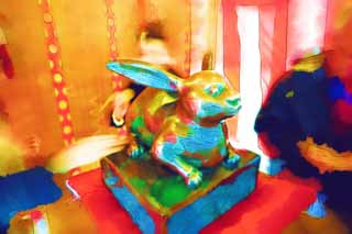 Illust, materieel, vrij, landschap, schilderstuk, schilderstuk, kleuren potlood, crayon, werkje,Tik de drie-wielige Shinto heiligdom; Een konijn, Shinto, Tik het; Een konijn, Terrein, Godheid konijn