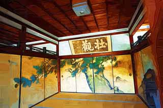 illust, materiell, befreit, Landschaft, Bild, Gemlde, Farbbleistift, Wachsmalstift, Zeichnung,,Ninna-ji Temple fusuma-Bild, Fukui feines Wettersegel, Japanisch-Stilzimmer, Japanisches traditionelles Gemlde, Reiher