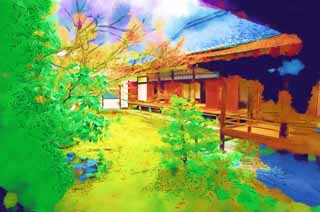 illust, materiale, libero panorama, ritratto dipinto, matita di colore disegna a pastello, disegnando,Lo studio di Tempio di Ninna-ji dipinse con lacca nera, Muschio, giardino, Edificio di Giapponese-stile, La famiglia imperiale