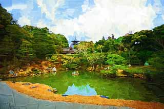 illust, matire, libre, paysage, image, le tableau, crayon de la couleur, colorie, en tirant,Temple Ninna-ji jardin nord, Cinq pagode Storeyed, Je suis Japonais-style, tang, style de jardin japonais avec un tang dans le jardin de centre