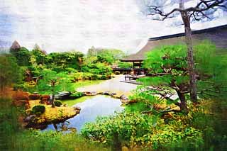 illust, materiell, befreit, Landschaft, Bild, Gemlde, Farbbleistift, Wachsmalstift, Zeichnung,,Ninna-ji Temple-Norden Garten, Fnf Storeyed-Pagode, Ich bin Japanisch-Stil, Teich, Stil japanischen Gartens mit einem Teich im Zentrumsgarten